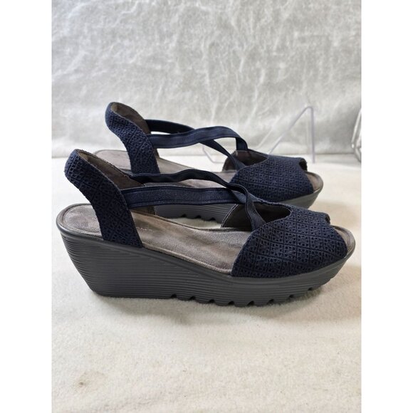 Skechers Memory Foam Navy Blue Wedge Sandals With Stretch Straps & Peep Toe Desi - Picture 5 of 12